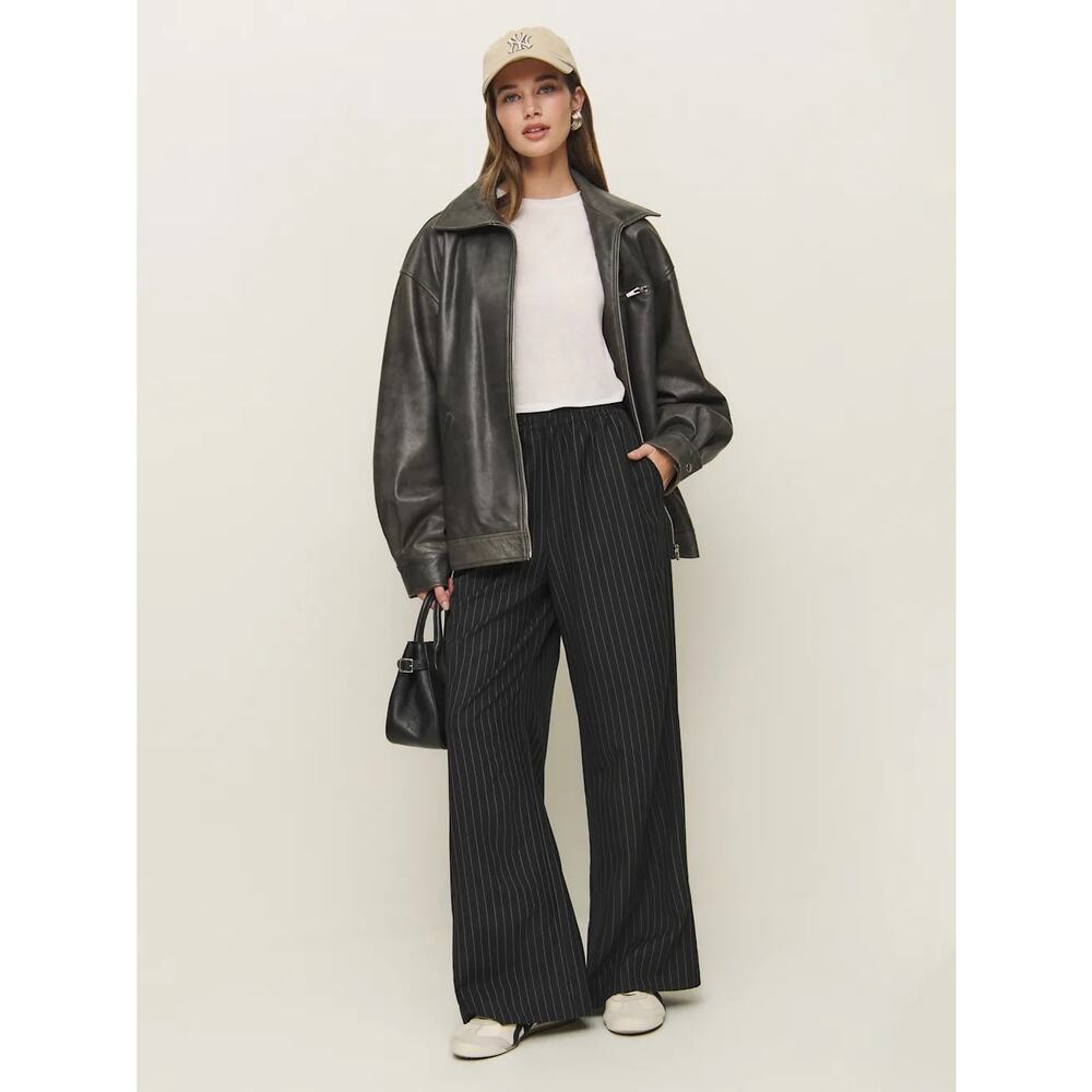 Reformation Black and White Pinstripe Tully Wide Leg Pull On Pant, Size XL